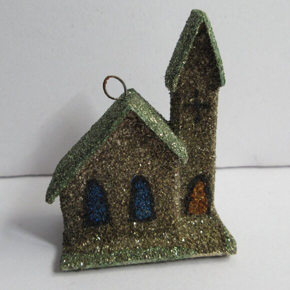 Mica Putz House Miniature Ornament 1950s Japan Christmas Village Church Vintage - Picture 1 of 10